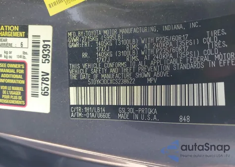 2012 Toyota Sienna Xle V6 8 Passenger из США, поврежденный, VIN 5TDYK3DCXCS238622